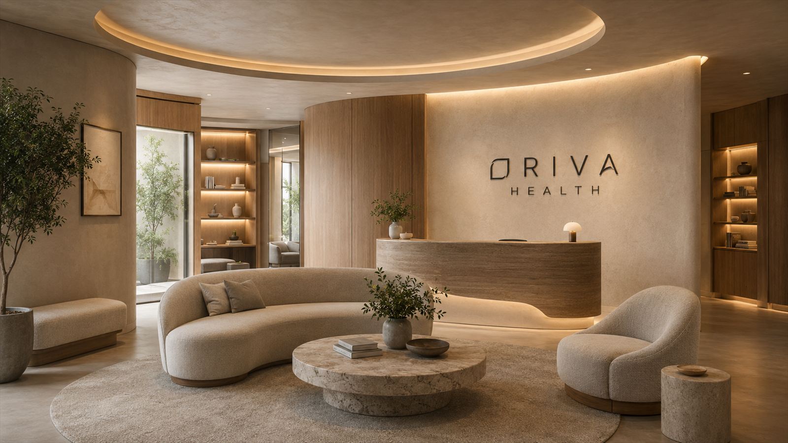 Warm Oriva lounge and reception environment with curved seating, wood, stone, and soft natural light.