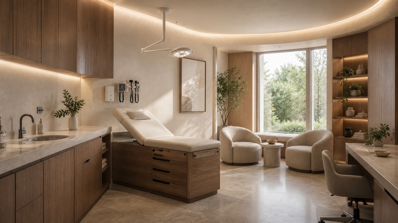 Warm, modern clinical examination room with an exam table and diagnostic equipment.